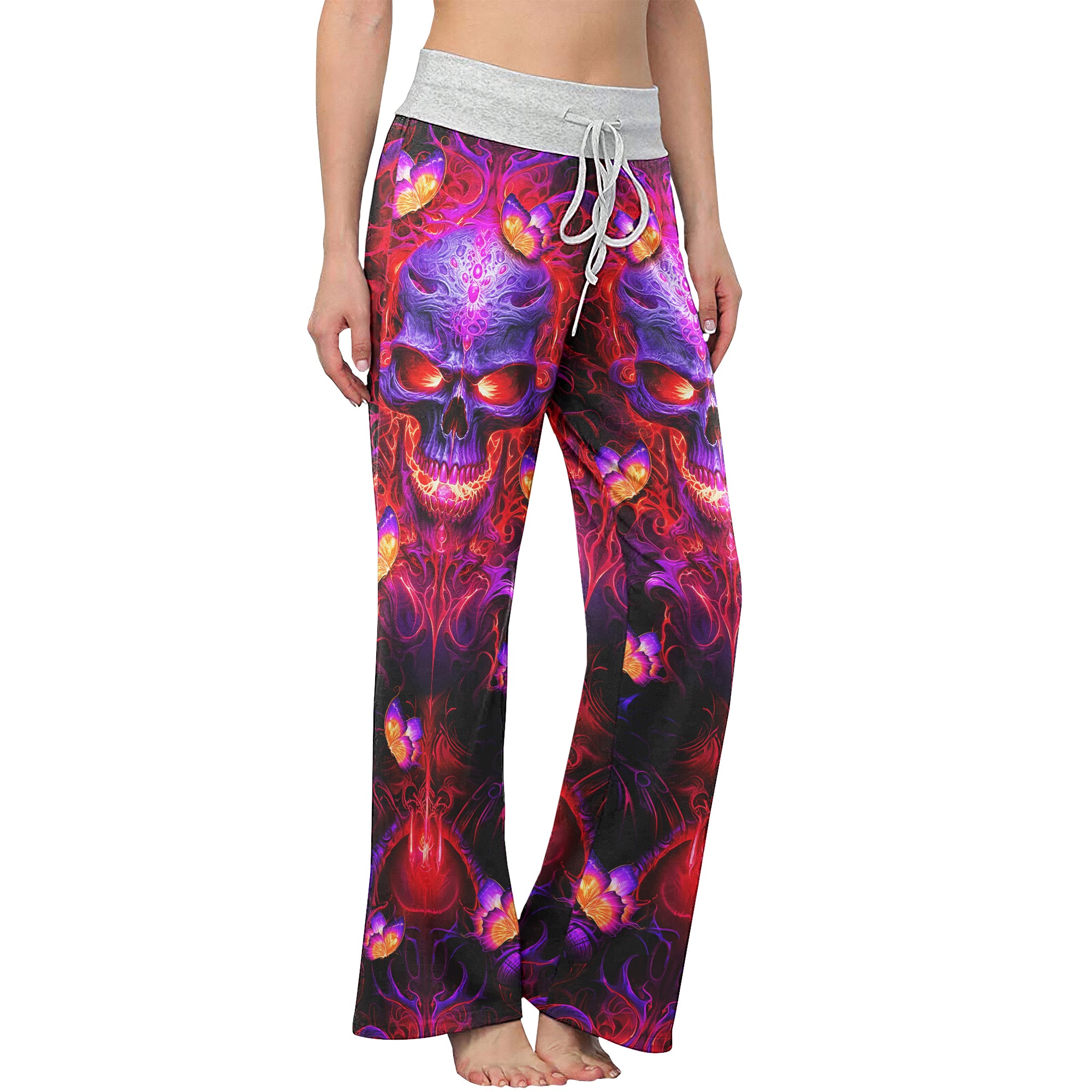 Purple Red Skull Butterfly Women's High-waisted Wide Leg Pants | Wonder Skull