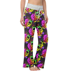Rainbow Skull Heart Pattern Women's High-waisted Wide Leg Pants | Wonder Skull