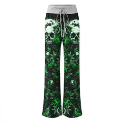 Green Skull Canabis Women's High-waisted Wide Leg Pants | Wonder Skull