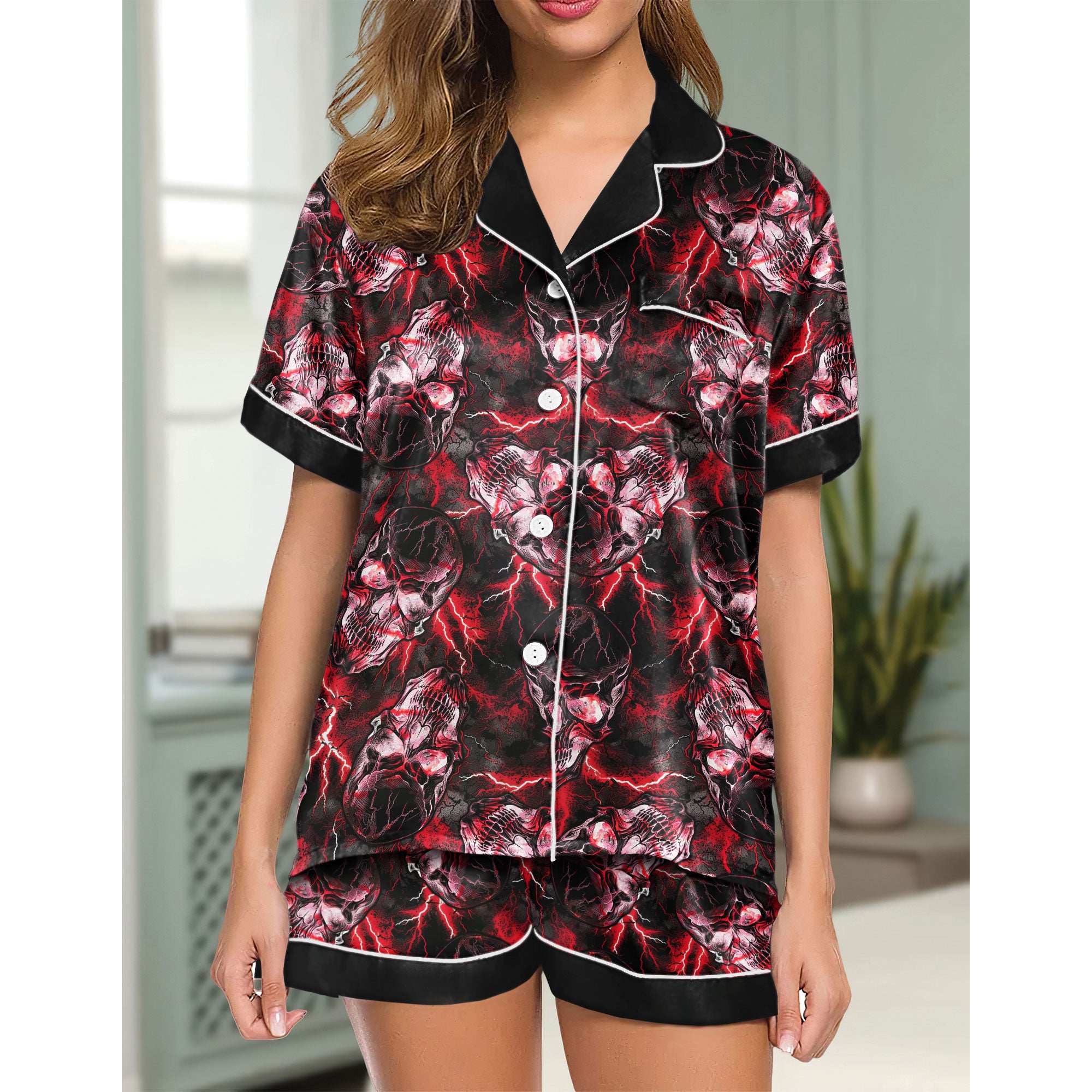 Chic and stylish women's pajama set with unique design prints and statement sleeves, Soft and luxurious fabrics make this pajama set perfect for bedtime or lounging at home.