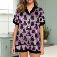 Pink Boo Pattern Women's Pajama Sets Top Sleeve & Short Bottom