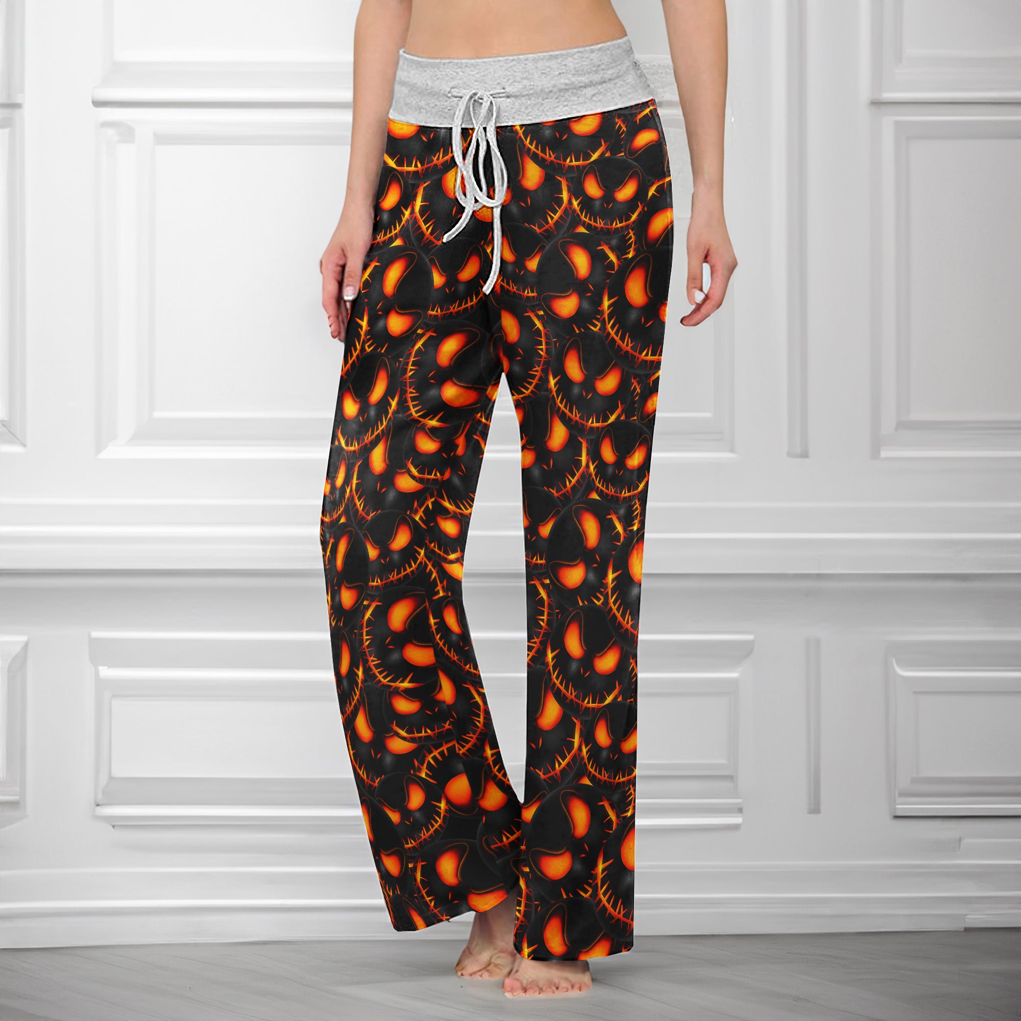 Orange Scary Face Pattern Women's High-waisted Wide Leg Pants | Wonder Skull