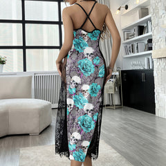Cyan Skull Rose Pattern Women's Lace Cami Sleepwear