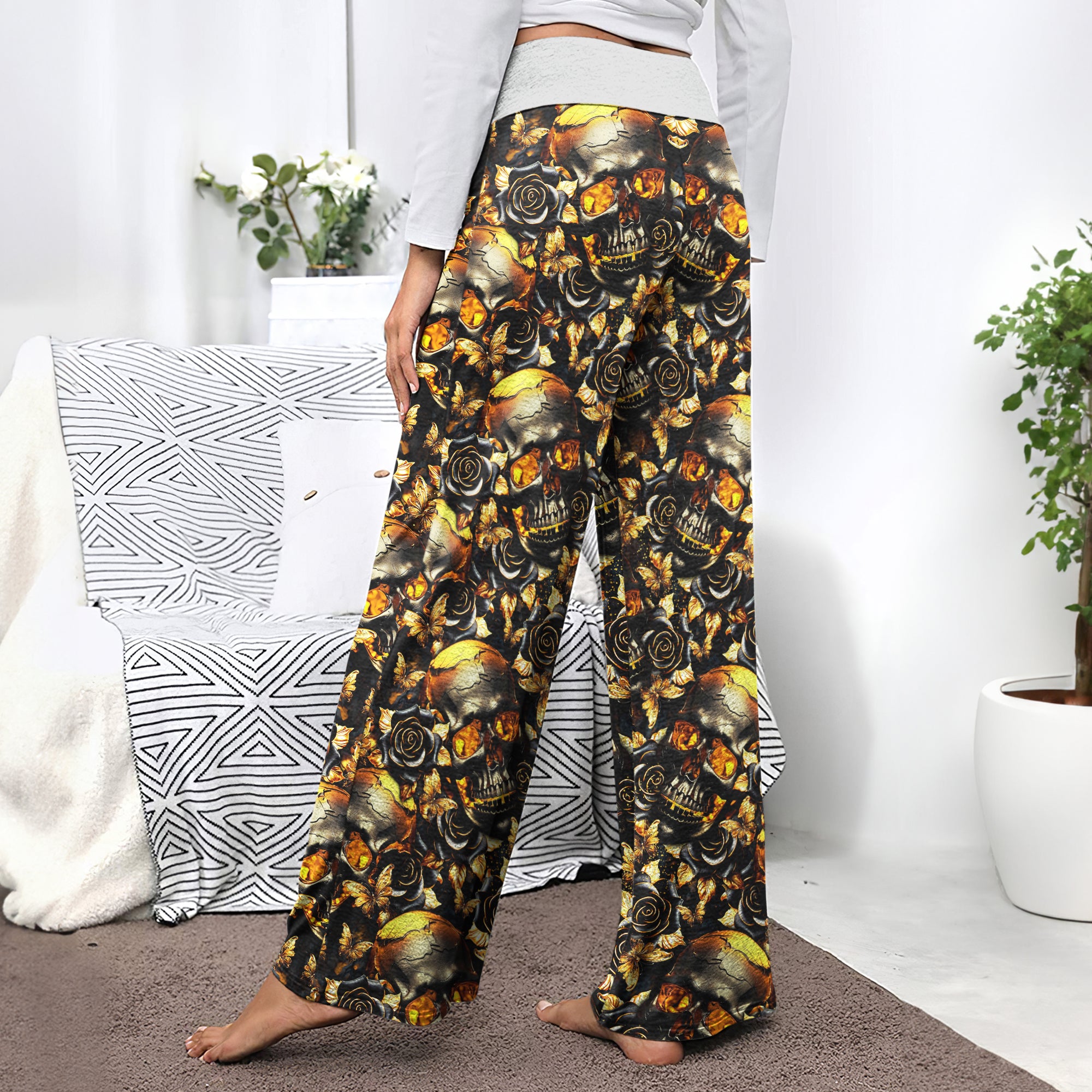Gold Skull Silver Rose Women's High-waisted Wide Leg Pants | Wonder Skull