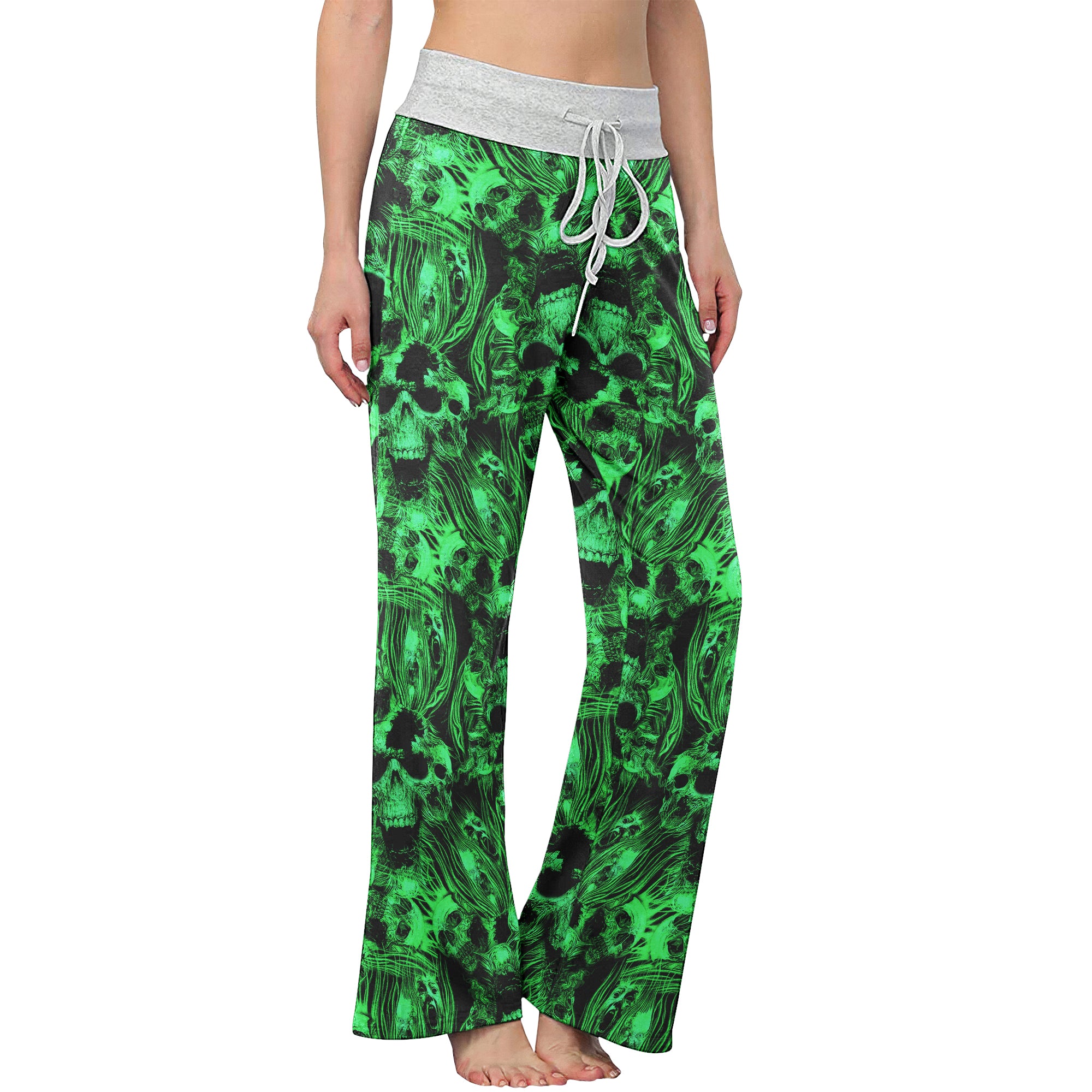 Green Skull Ghost Scared Women's High-waisted Wide Leg Pants | Wonder Skull