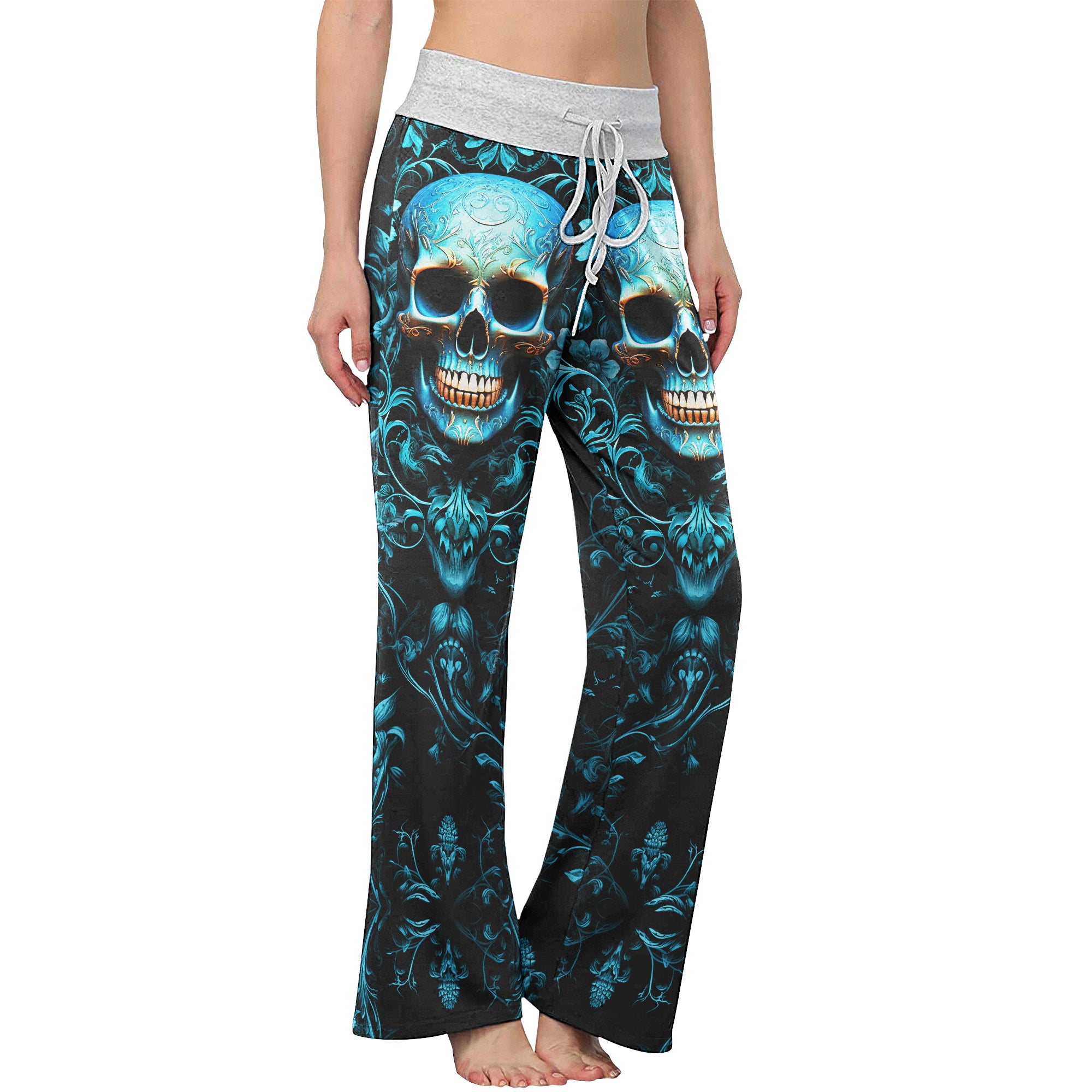 Cyan Skull Floral Gothic Women's High-waisted Wide Leg Pants | Wonder Skull