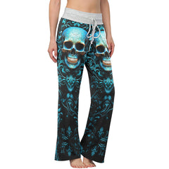 Cyan Skull Floral Gothic Women's High-waisted Wide Leg Pants | Wonder Skull