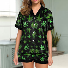 Green Skull Leaf Pattern Women's Pajama Sets Top Sleeve & Short Bottom