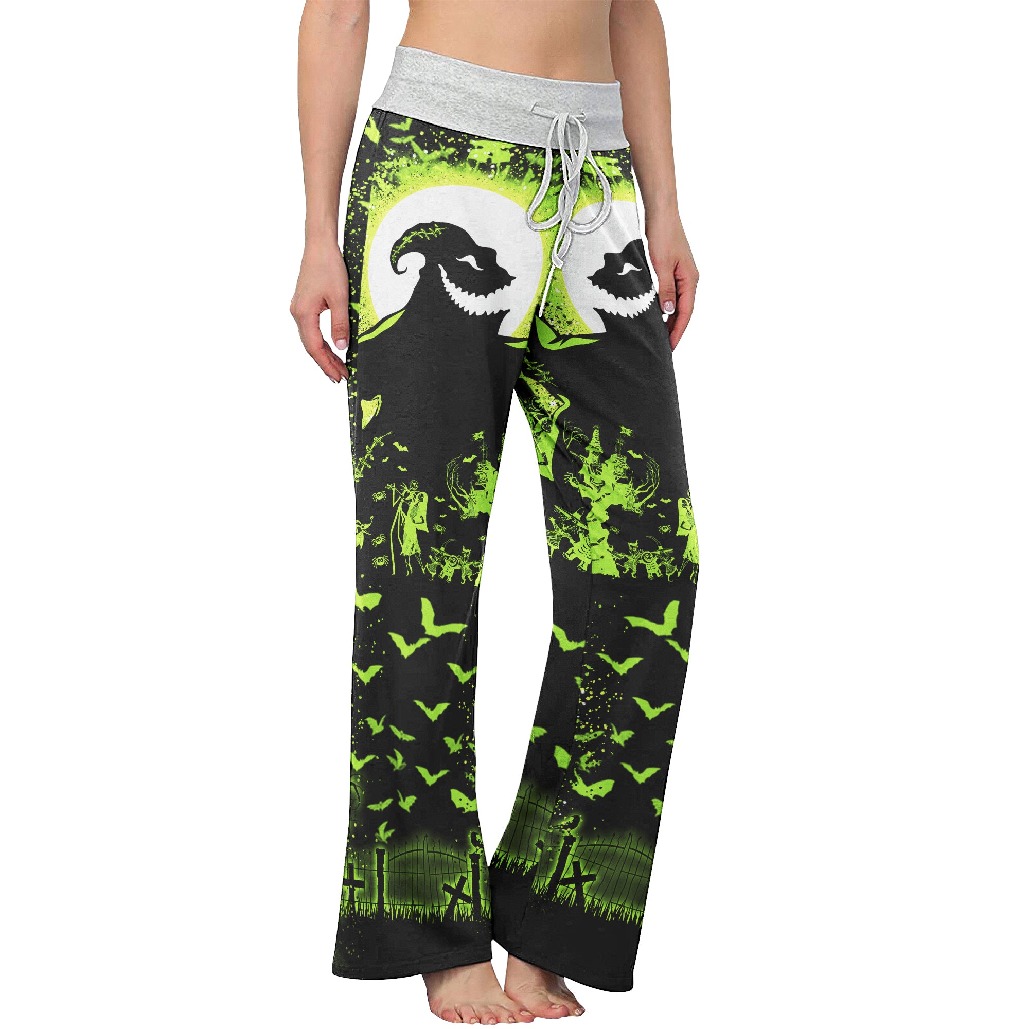 Green Boo Nightmare Theme Women's High-waisted Wide Leg Pants | Wonder Skull
