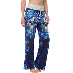 Blue Skull Rose Art Women's High-waisted Wide Leg Pants | Wonder Skull