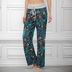 Dark Blue Skull Gothic Women's High-waisted Wide Leg Pants
