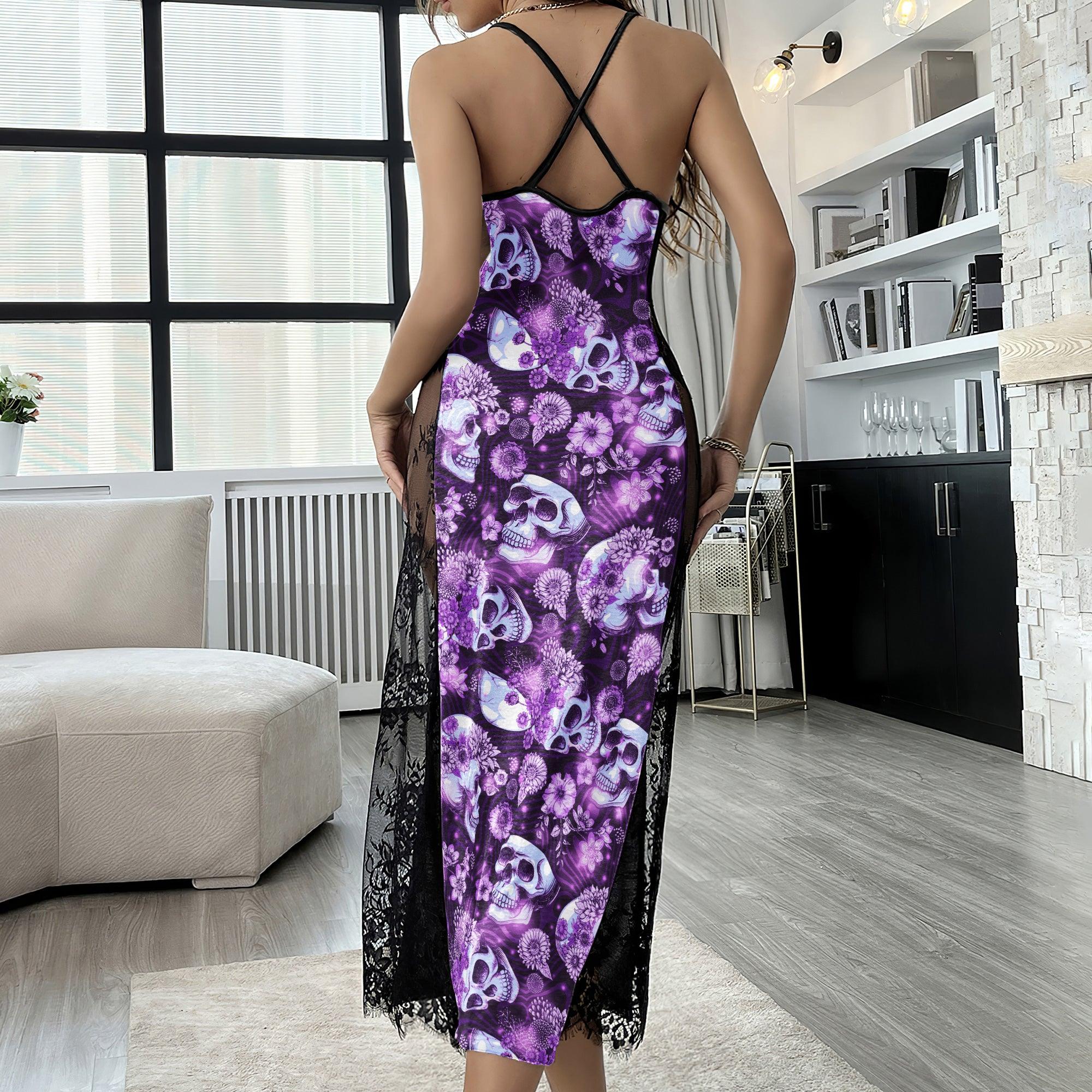 Violet Abstract Skull Floral Women's Lace Cami Sleepwear | Gothic, Punkrock, Lingerie for Women
