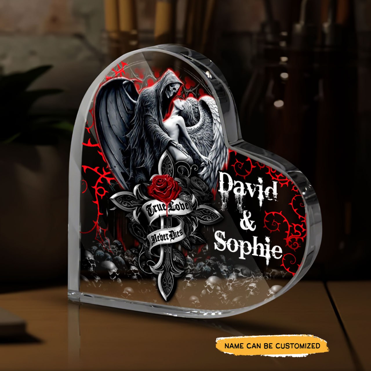 True Love Rose - Customized Skull Couple Crystal Heart Anniversary Gifts