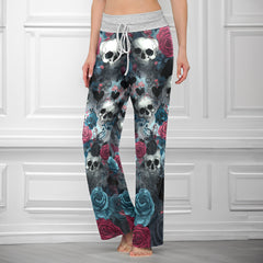 Cyan Skull Rose Pattern Women's High-waisted Wide Leg Pants