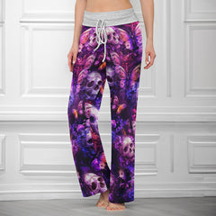 Purple Skull Butterfly Pattern Women's High-waisted Wide Leg Pants