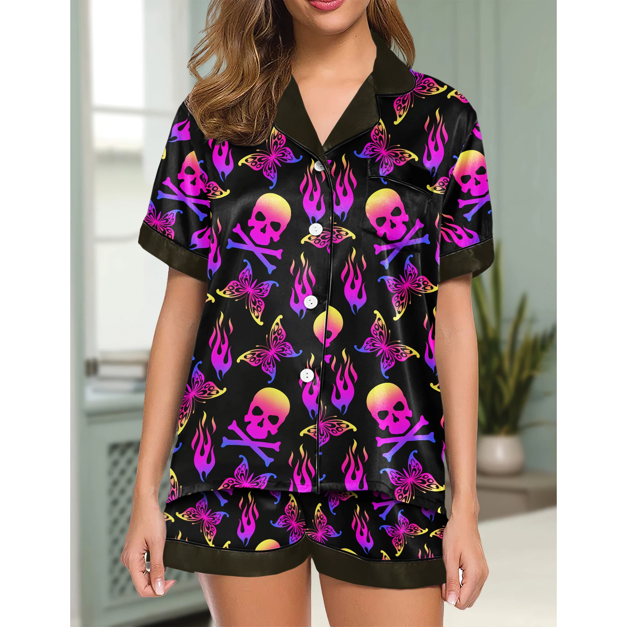 Chic and stylish women's pajama set with unique design prints and statement sleeves, Soft and luxurious fabrics make this pajama set perfect for bedtime or lounging at home.