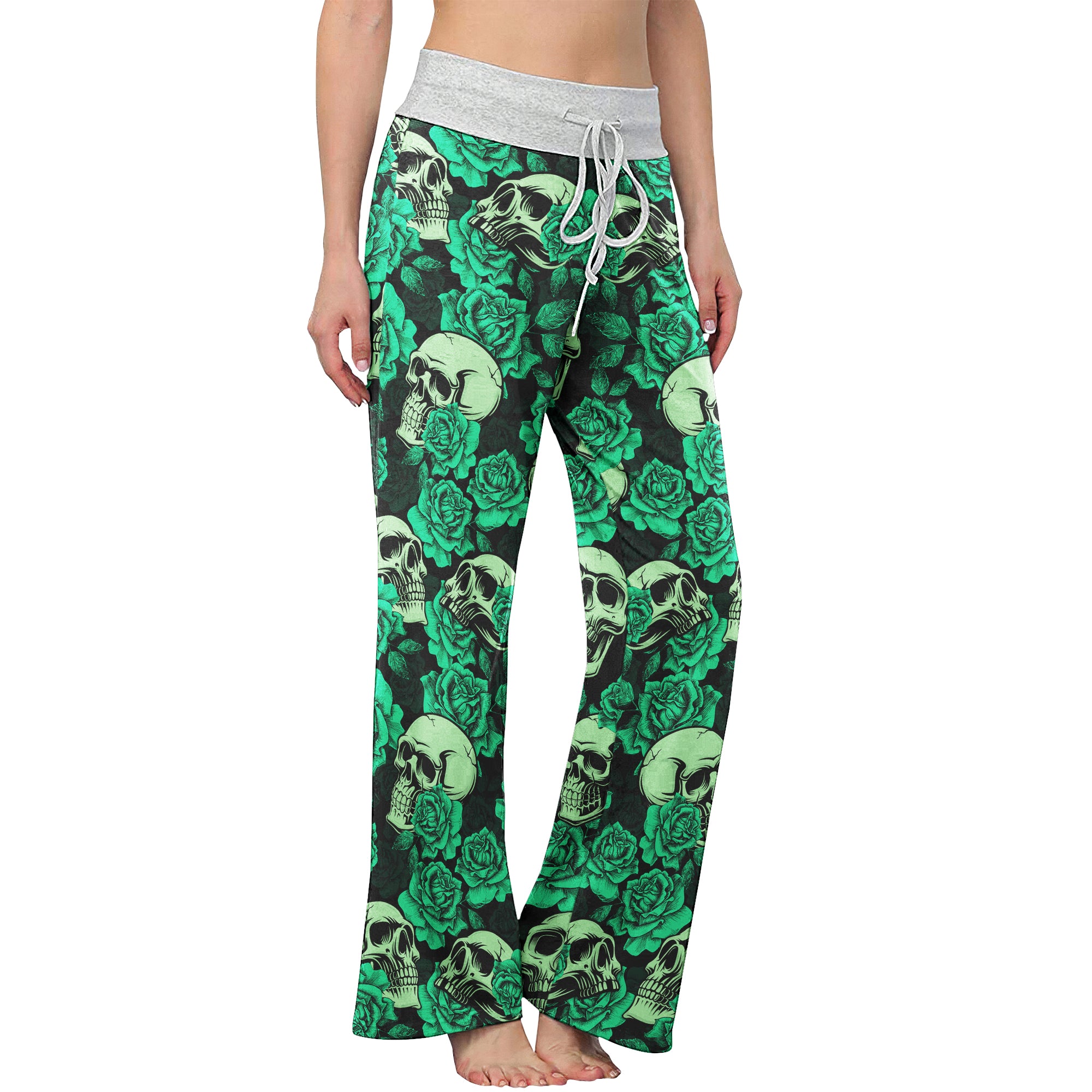 Gothic Green Pastel Skull Rose Women's High-waisted Wide Leg Pants | Wonder Skull