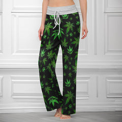 Green Skull Leaf Pattern Women's High-waisted Wide Leg Pants