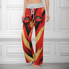 Red Skull Lip Glitter Women's High-waisted Wide Leg Pants