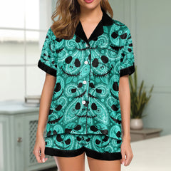 Cyan Paisley Face Women's Pajama Sets Top Sleeve & Short Bottom