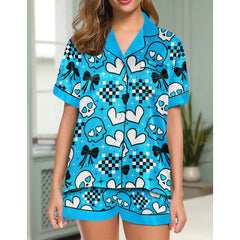 Blue Heart Skull Women's Pajama Sets Top Sleeve & Short Bottom