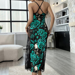 Cyan Skull Rose Pattern Women's Lace Cami Sleepwear