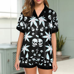 Holographic Skull Leaf Women's Pajama Sets Top Sleeve & Short Bottom