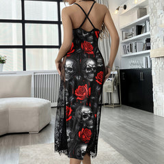 Metal Skull Rose Pattern Women's Lace Cami Sleepwear