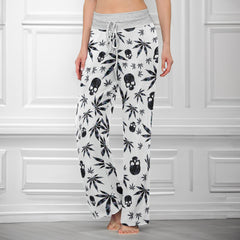 Black Skull Leaf Pattern Women's High-waisted Wide Leg Pants