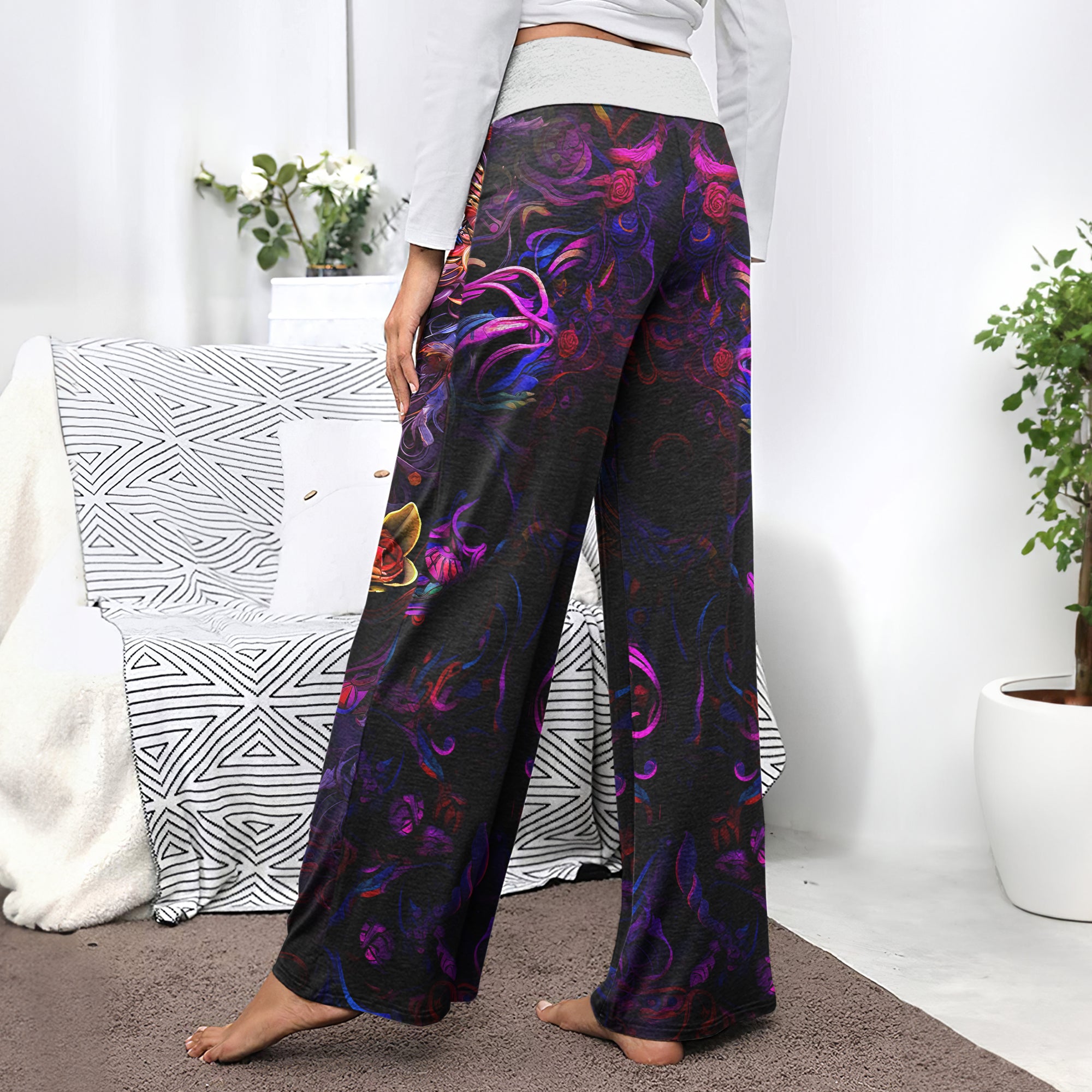 Skull Abstract Floral Art Women's High-waisted Wide Leg Pants | Wonder Skull