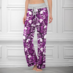 Purple Skull Rose Pattern Women's High-waisted Wide Leg Pants