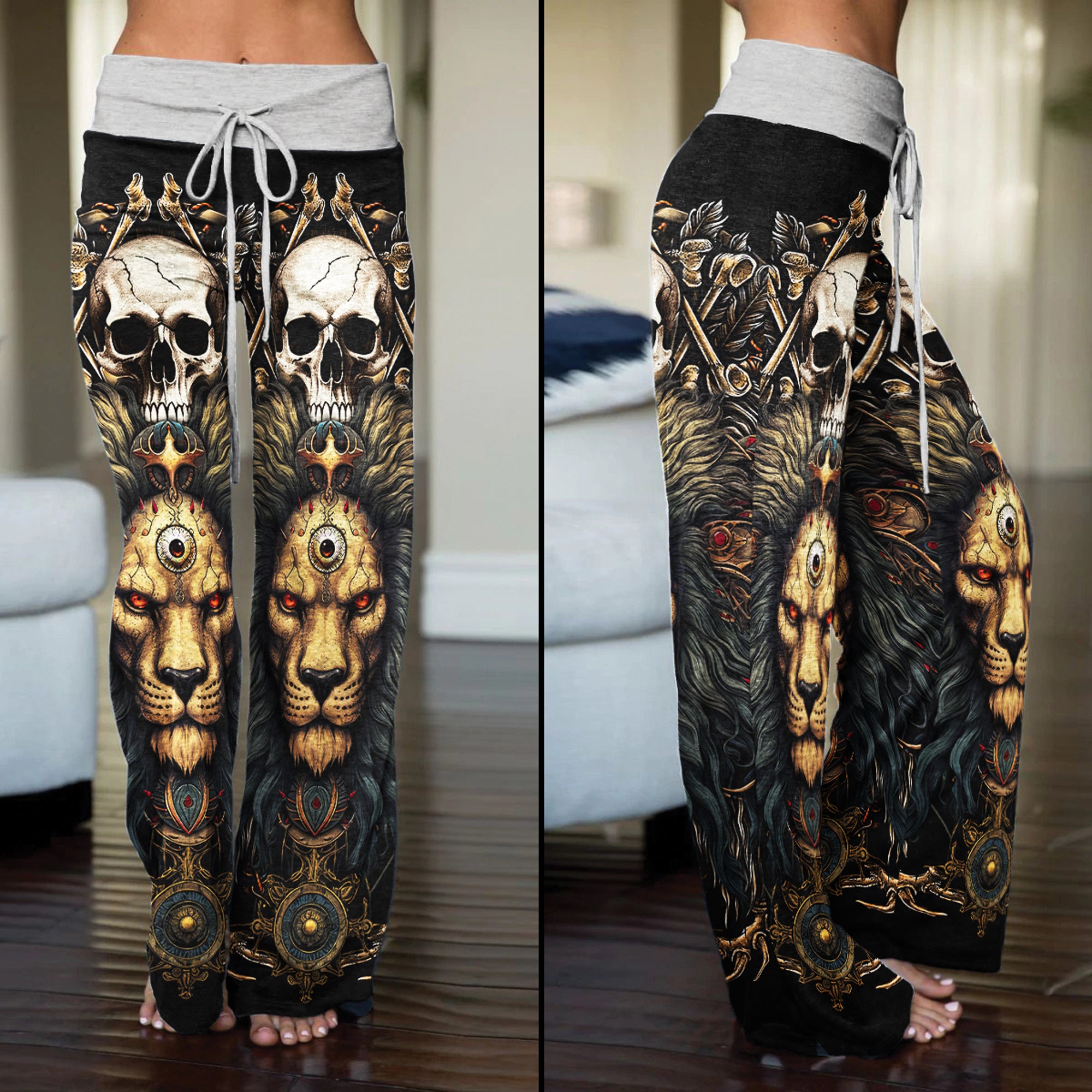Skull King Lion Art Women's High-waisted Wide Leg Pants | Wonder Skull