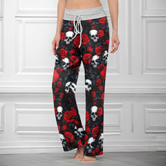 Skull Thorns Rose Pattern Women's High-waisted Wide Leg Pants