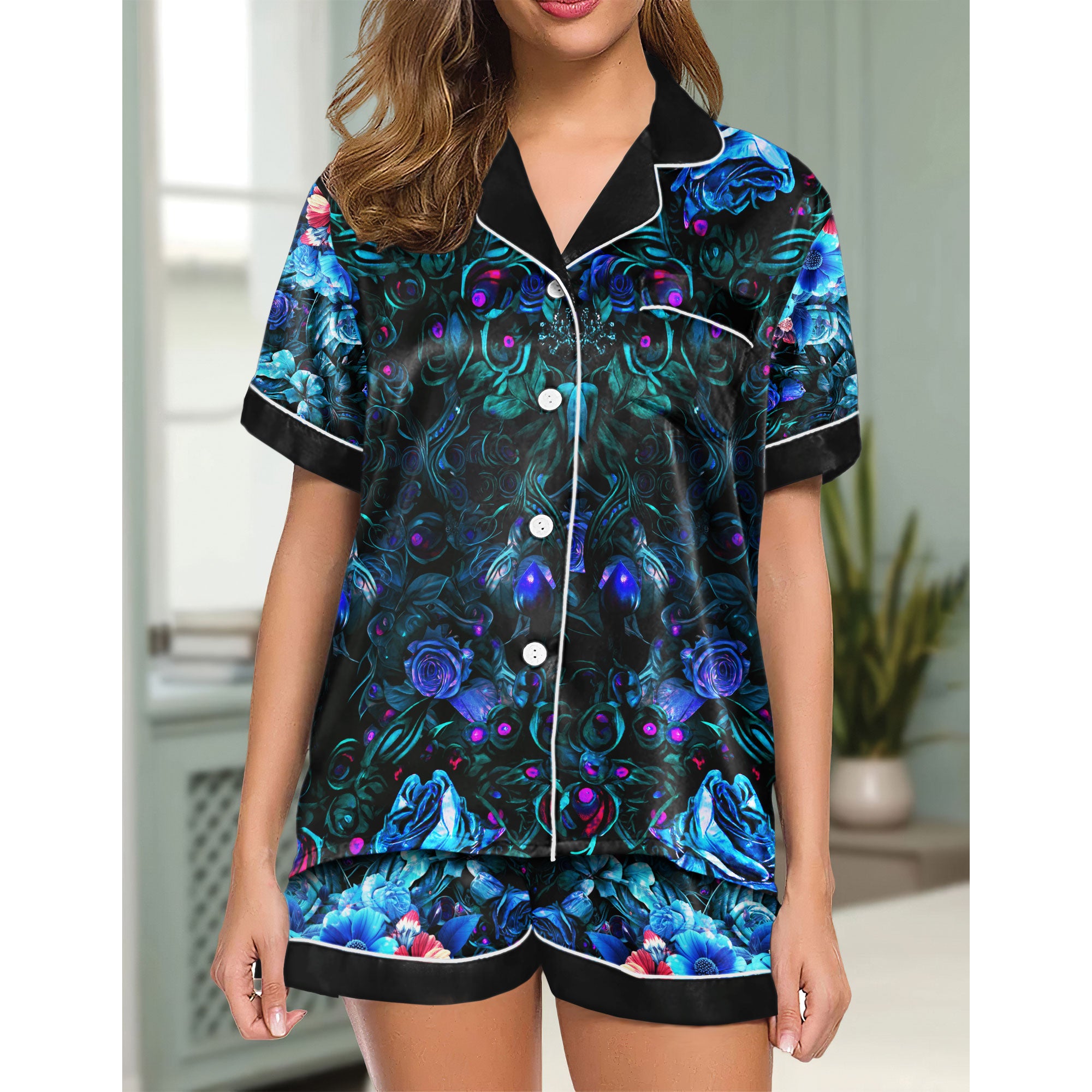 Chic and stylish women's pajama set with unique design prints and statement sleeves, Soft and luxurious fabrics make this pajama set perfect for bedtime or lounging at home.