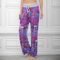 Purple Neon Skull Rose Women's High-waisted Wide Leg Pants