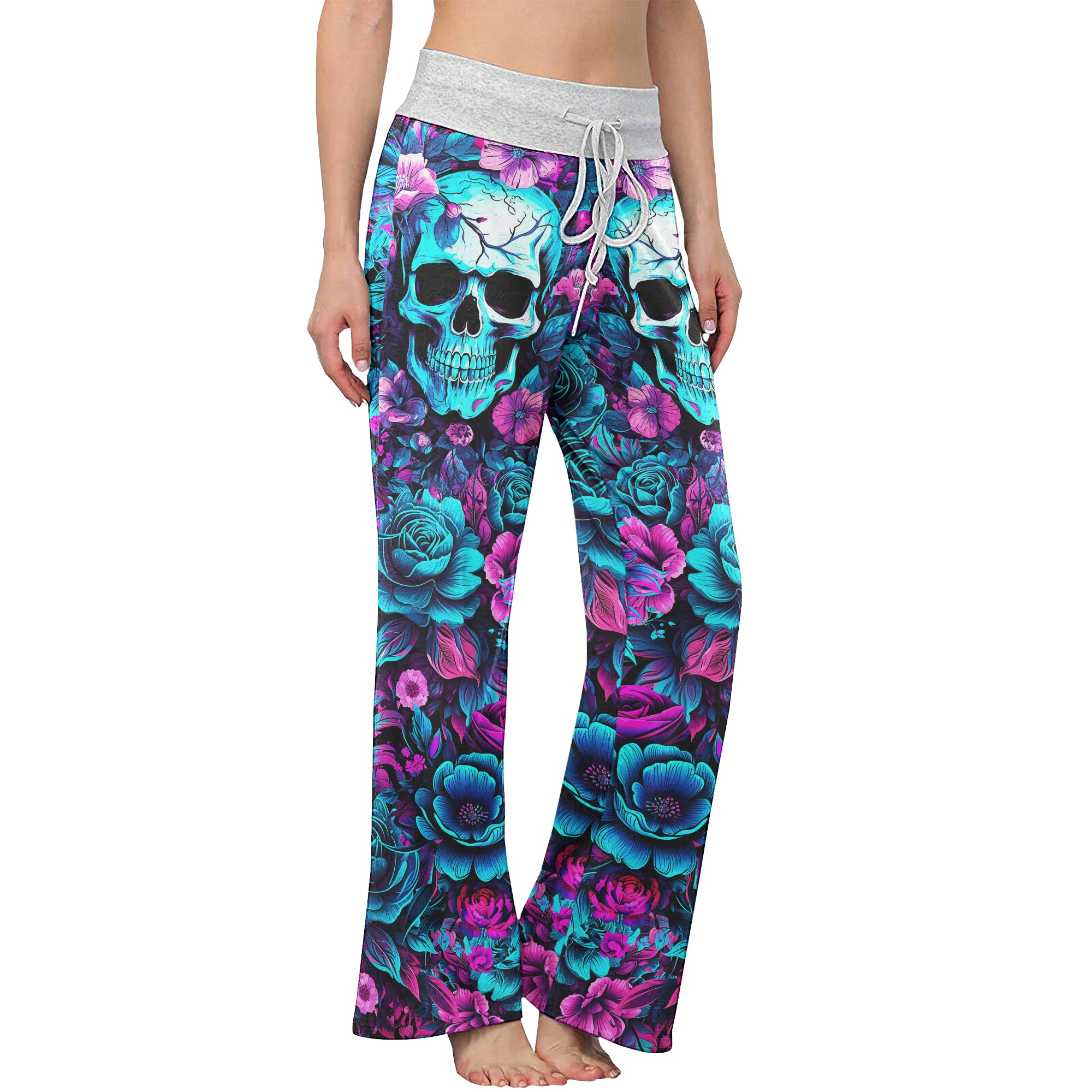 Pink Cyan Skull Floral Women's High-waisted Wide Leg Pants | Wonder Skull