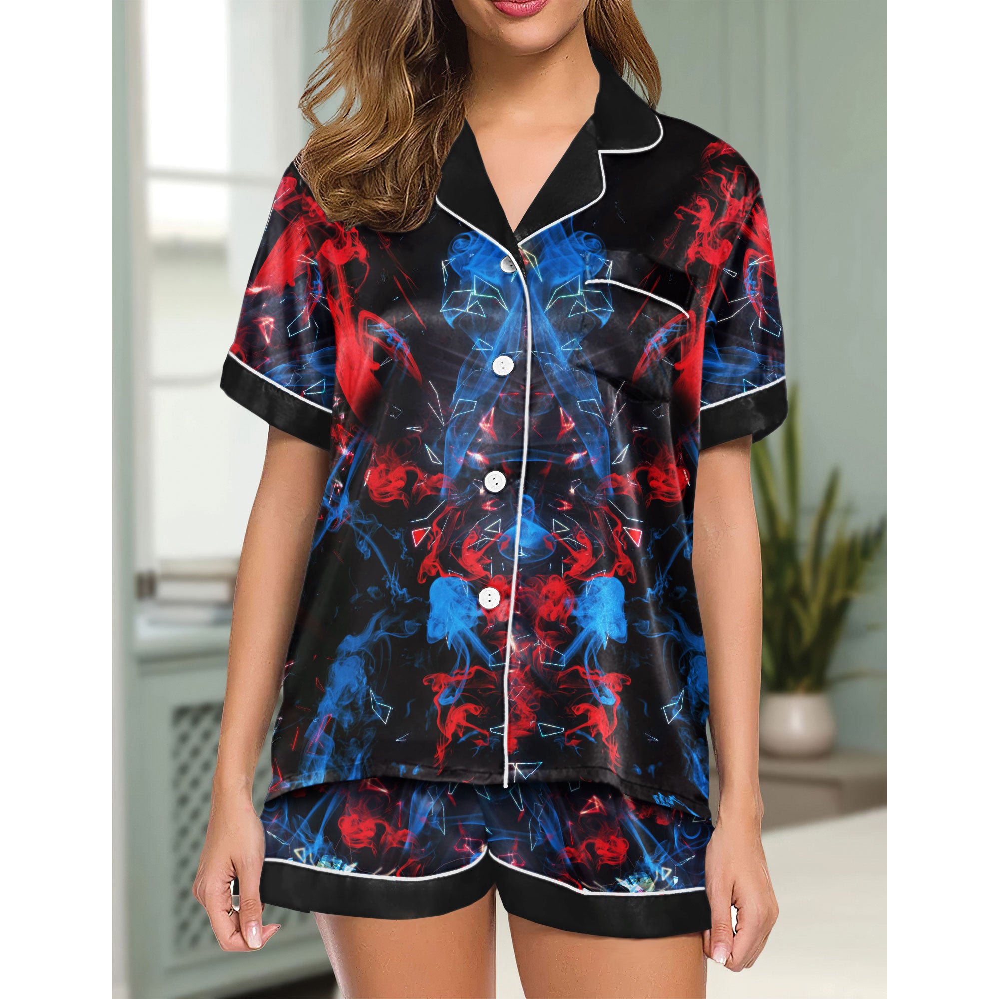 Chic and stylish women's pajama set with unique design prints and statement sleeves, Soft and luxurious fabrics make this pajama set perfect for bedtime or lounging at home.