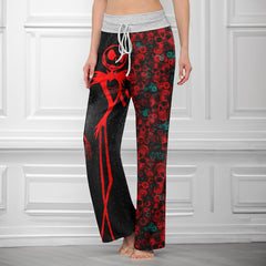 Red Skeleton Flower Art Women's High-waisted Wide Leg Pants