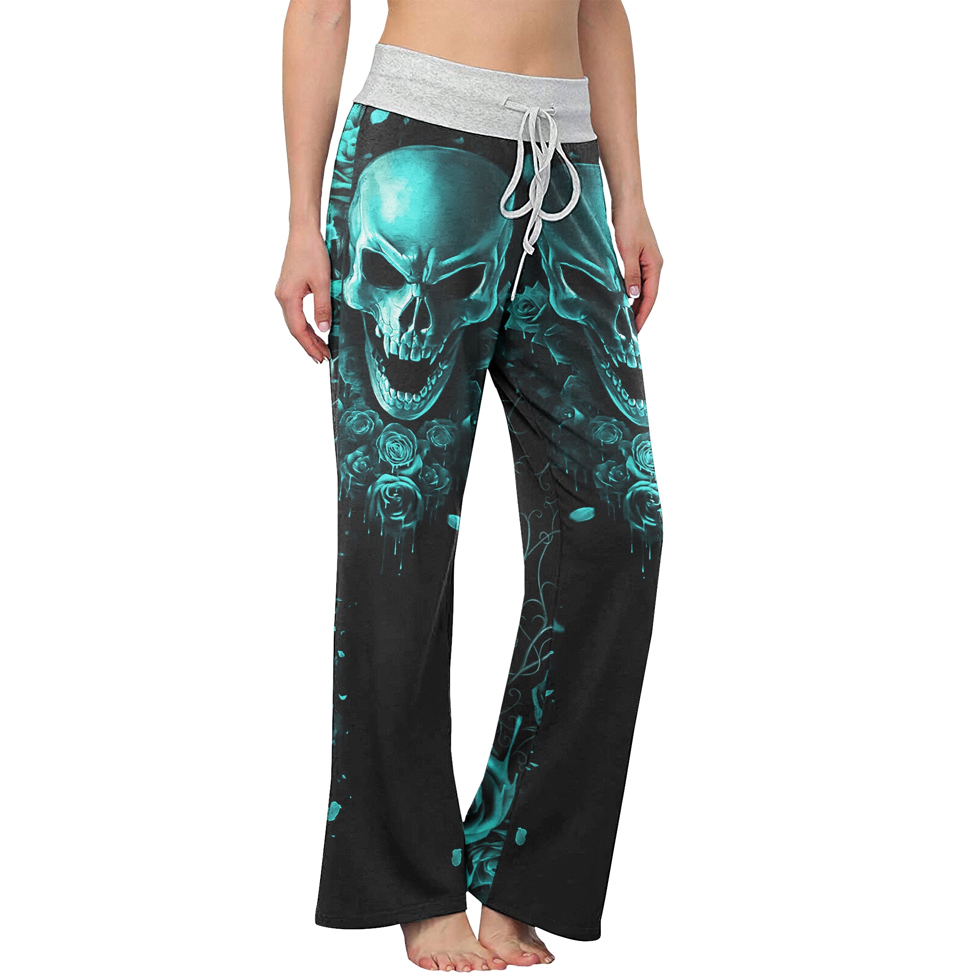 Cyan Skull Abstract Rose Women's High-waisted Wide Leg Pants | Wonder Skull