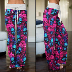 Blue Skull Rose Pink Women's High-waisted Wide Leg Pants | Wonder Skull