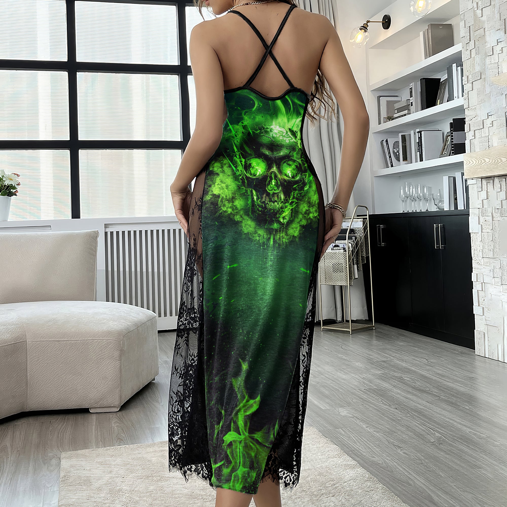 Green Flame Skull Art Women's Lace Cami Sleepwear | Gothic, Punkrock, Lingerie for Women