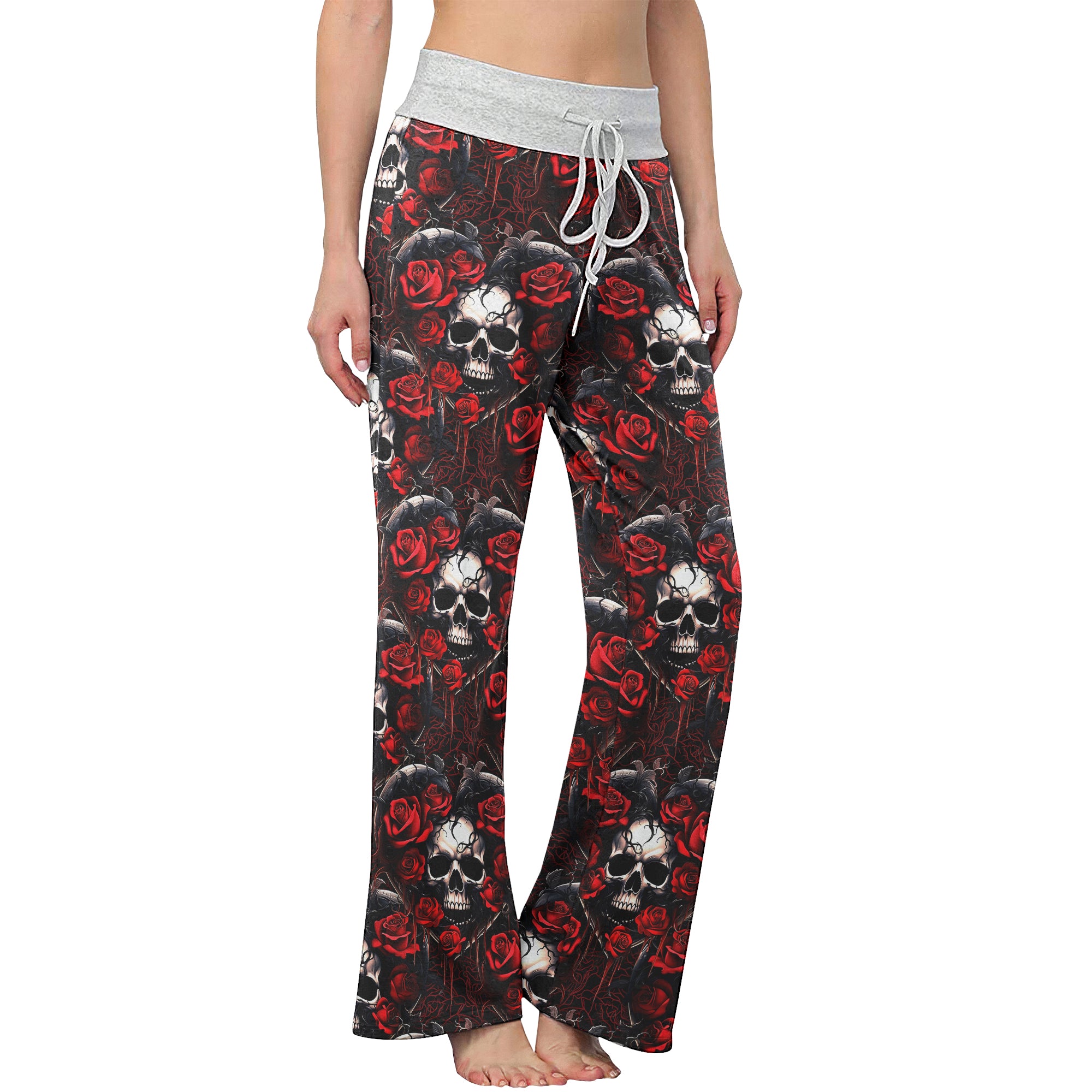 Heart Skull Rose Gothic Women's High-waisted Wide Leg Pants | Wonder Skull