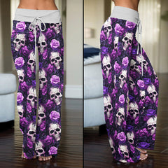 Purple Skull Floral Women's High-waisted Wide Leg Pants | Wonder Skull