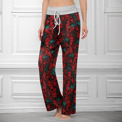 Red Seamless Skull Flower Women's High-waisted Wide Leg Pants