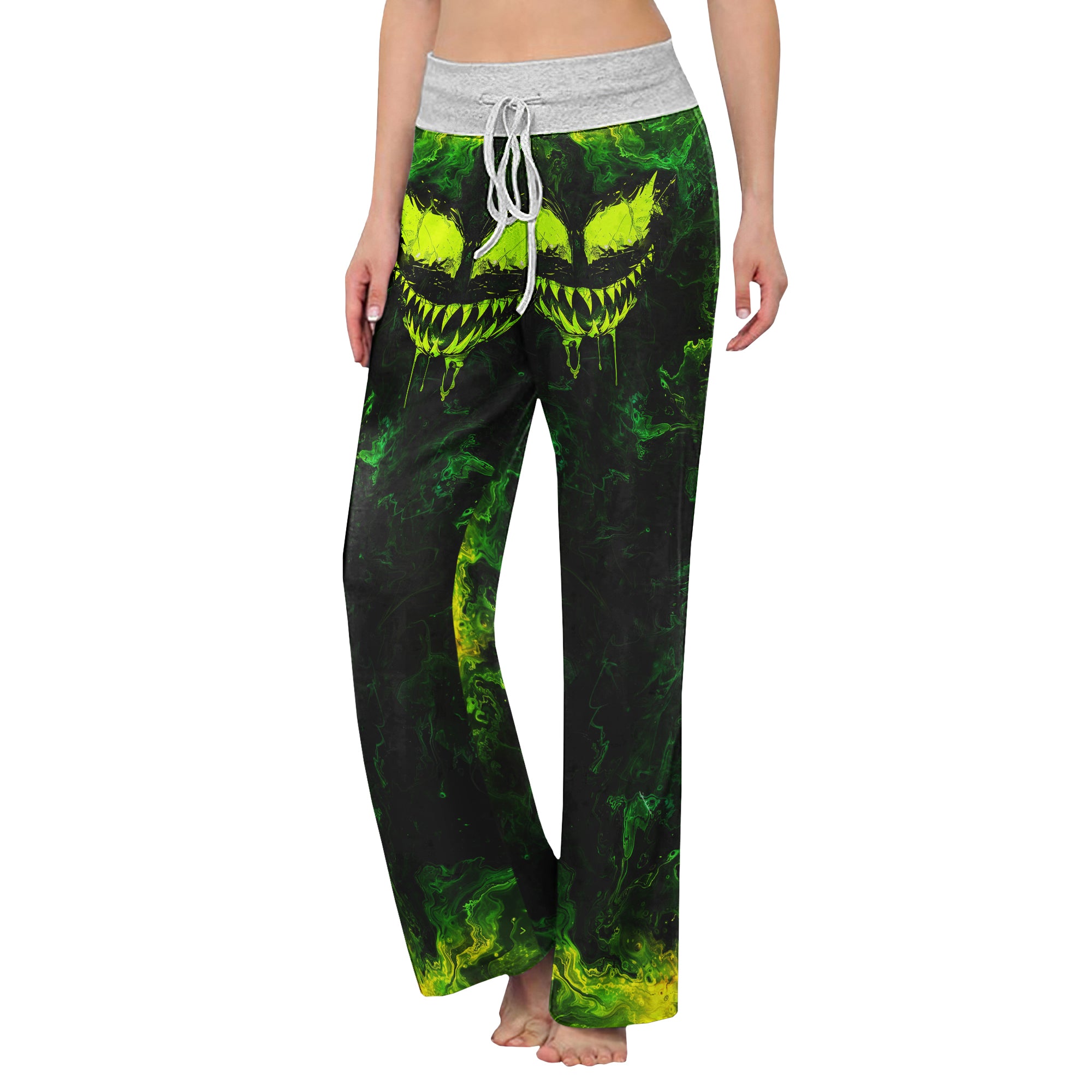 Green Abstract Scary Face Women's High-waisted Wide Leg Pants | Wonder Skull