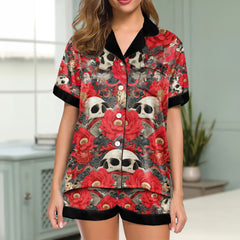 Red Skull Cherry Blossom Women's Pajama Sets Top Sleeve & Short Bottom