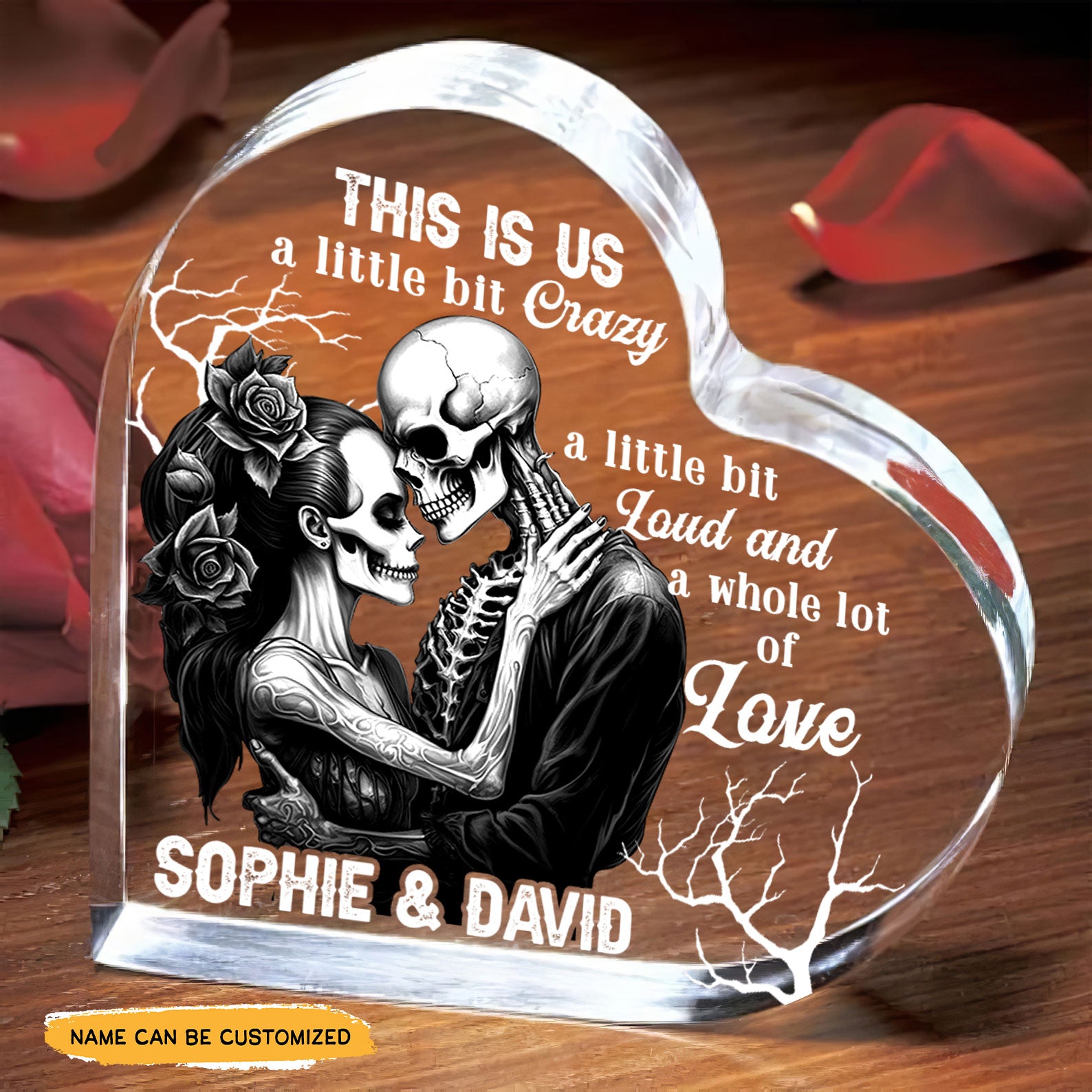 A Little Bit Crazy - Customized Skull Couple Crystal Heart Anniversary Gifts - Wonder Skull