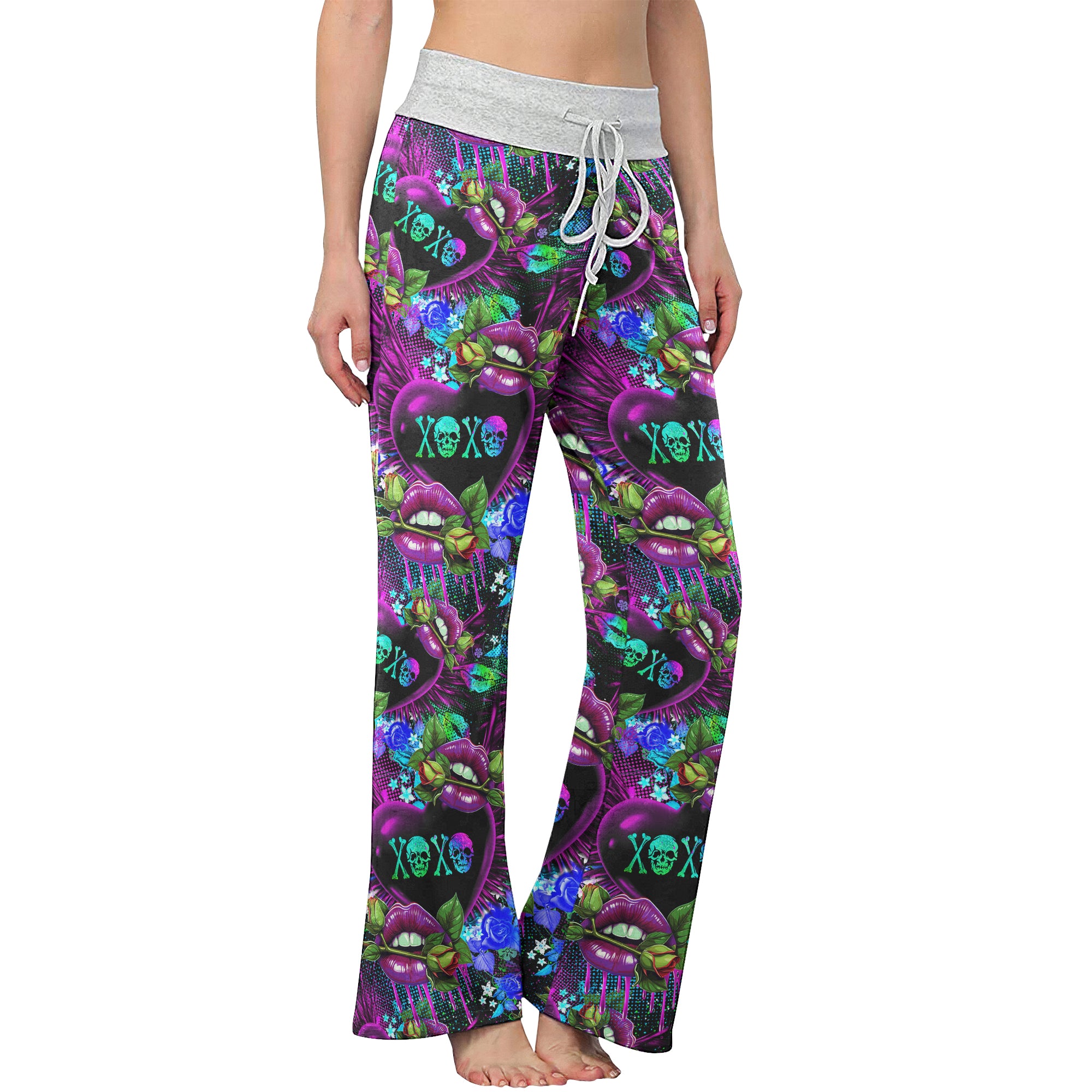 Purple Xoxo Lips Art Women's High-waisted Wide Leg Pants | Wonder Skull
