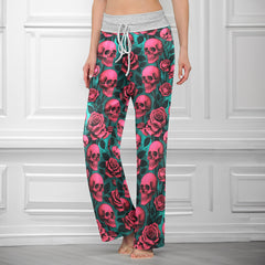 Pink Skull Garden Women's High-waisted Wide Leg Pants