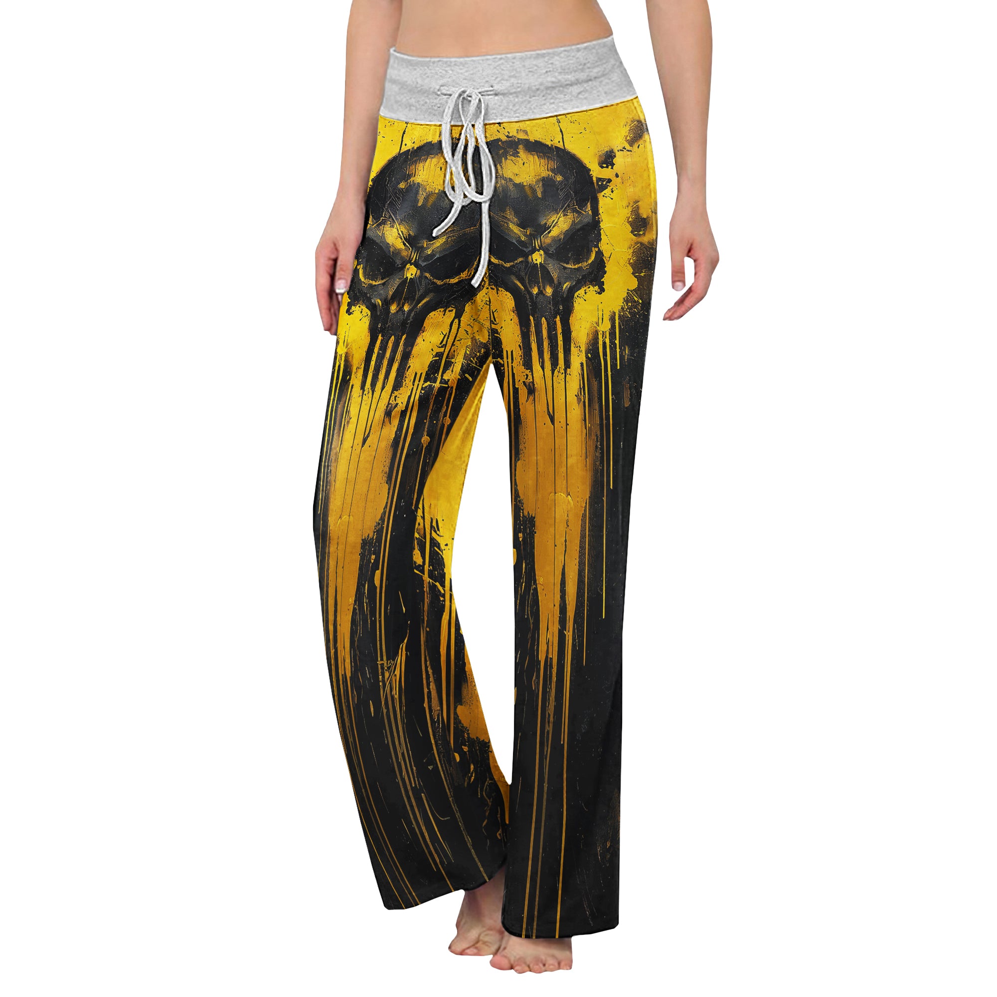 Yellow Abstract Scary Skull Women's High-waisted Wide Leg Pants | Wonder Skull